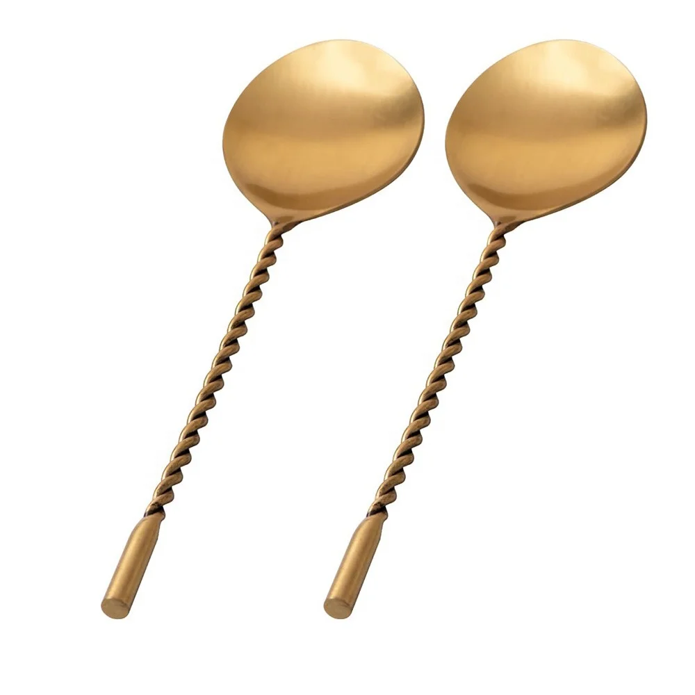 Stainless Steel Gold Polished Handmade Twisted Handle Kitchen Serving Spoon Set with Round Plain End