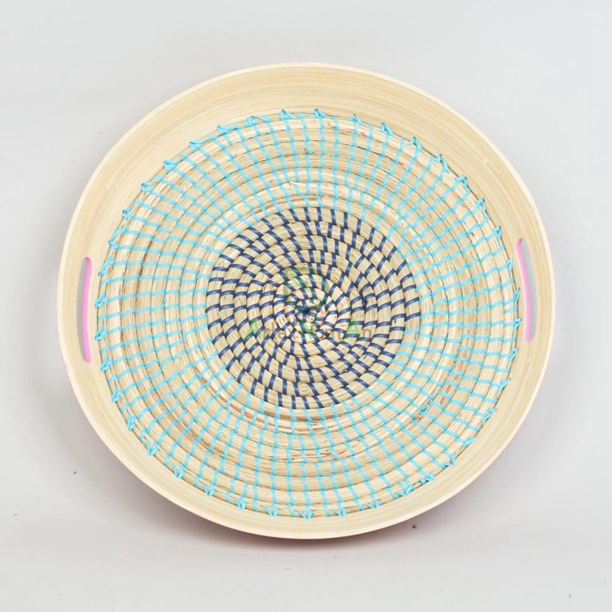 Vietnam Suppliers Eco-Friendly round Seagrass Bamboo Serving Tray with Handle Custom Size Wooden Trays Home Decorative Purpose