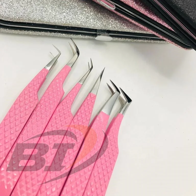 Pink Color Coated Stainless Steel Hand Tested Diamond Grip Eyelash Extension Tweezers/ Tweezers for Eyelash Extension