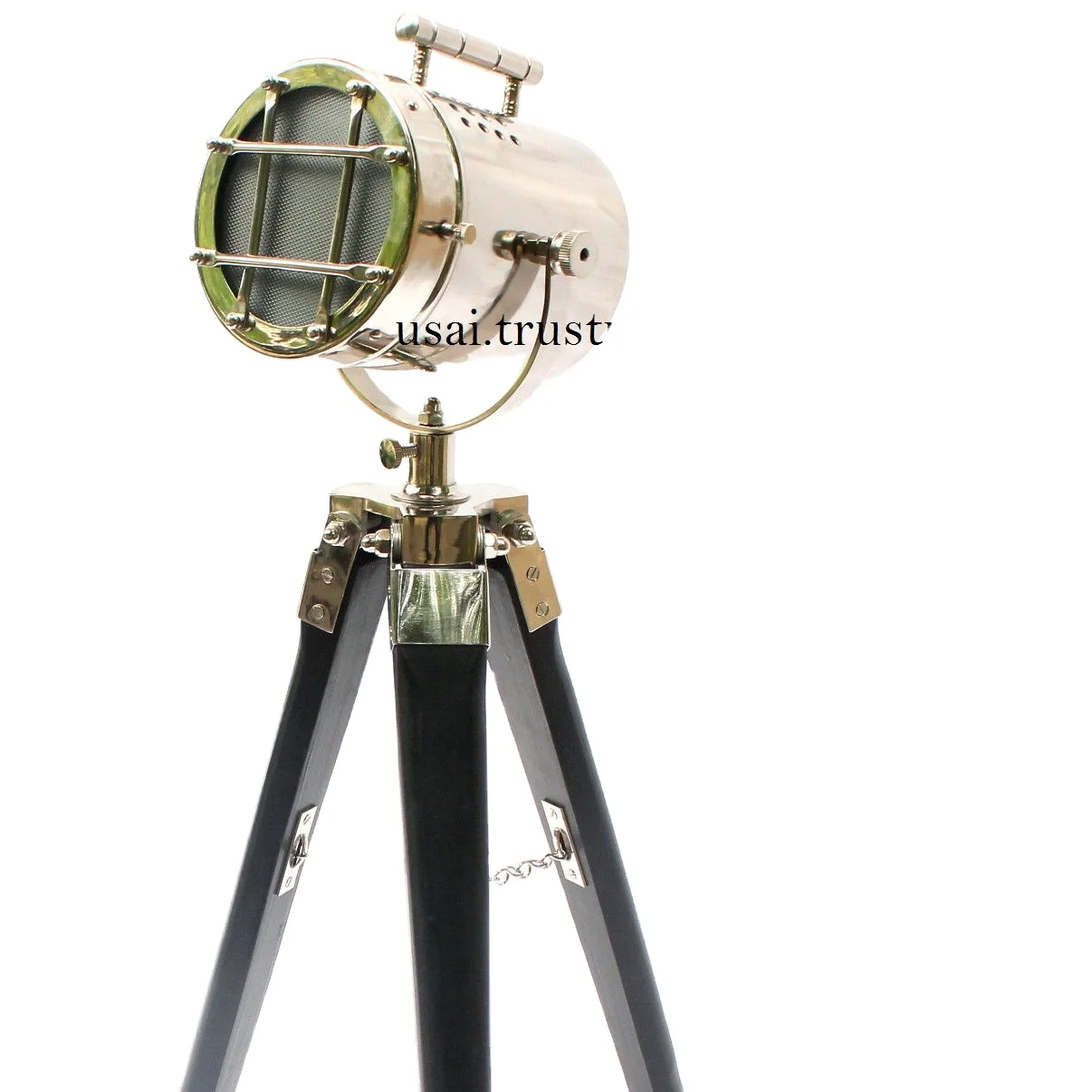 PREMIUM QUALITY NICKEL PLATED SEARCHLIGHT ON WOODEN BLACK TRIPOD STAND ~ NAUTICAL SPOTLIGHT LAMP ON STAND