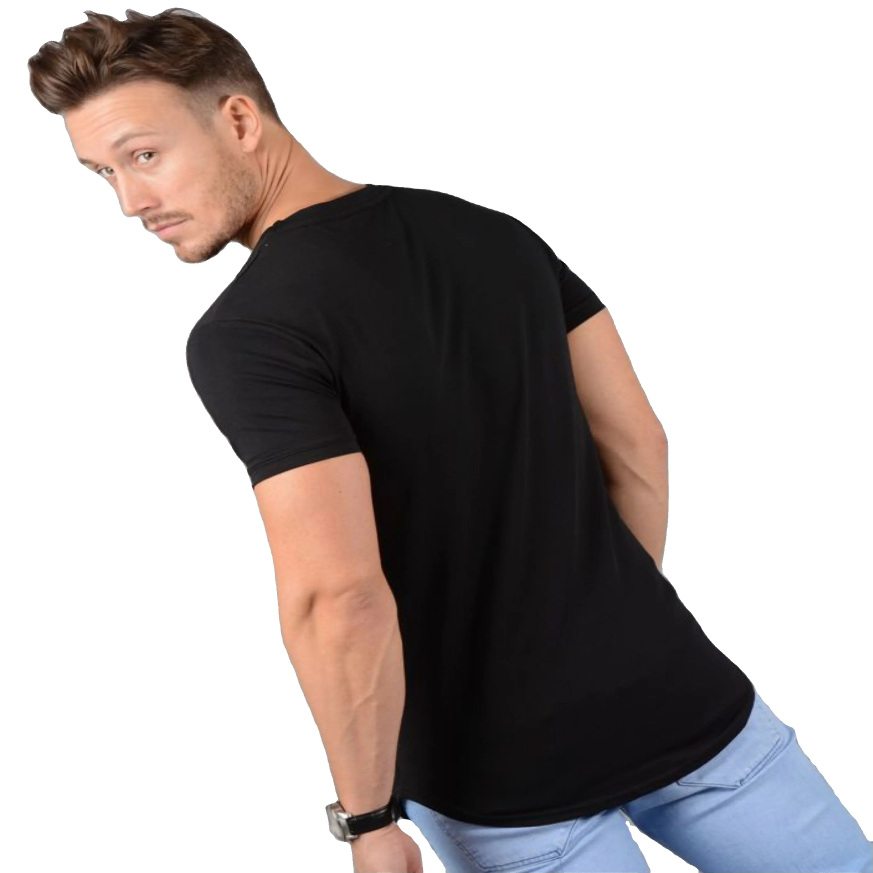 Streetwear Mens Slim Fit Long Sleeve T Shirt Top OEM Longline Curved Hem T Shirt Light Weight 93% Cotton 7% Elastane Gym T Shirt