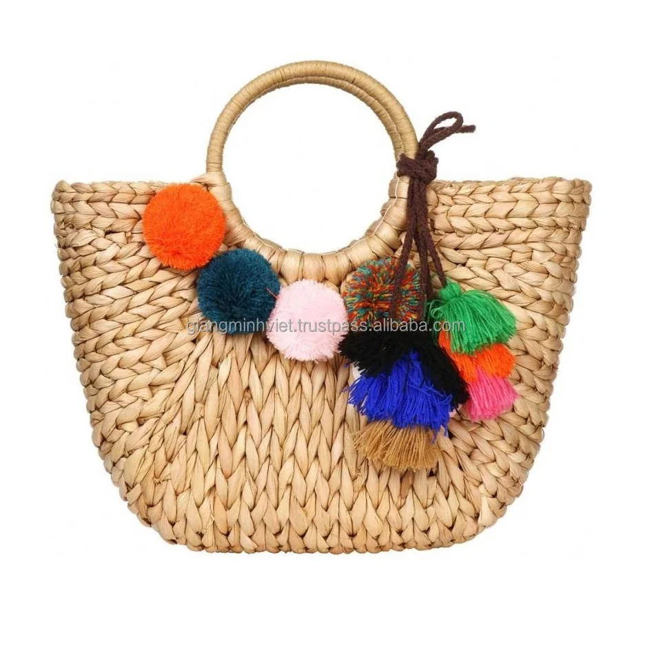 Wholesale water hyacinth beach bag handmade water hyacinth handbag straw tote bag with boho decor pattern