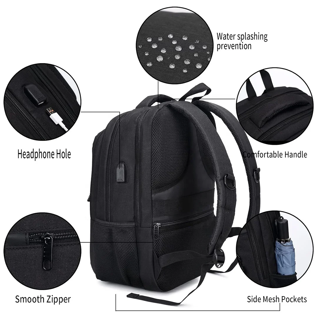 Wholesale Black Nylon Laptop Backpack Unisex USB Charging and Waterproof Features Stylish Rucksack for Students and Office Use