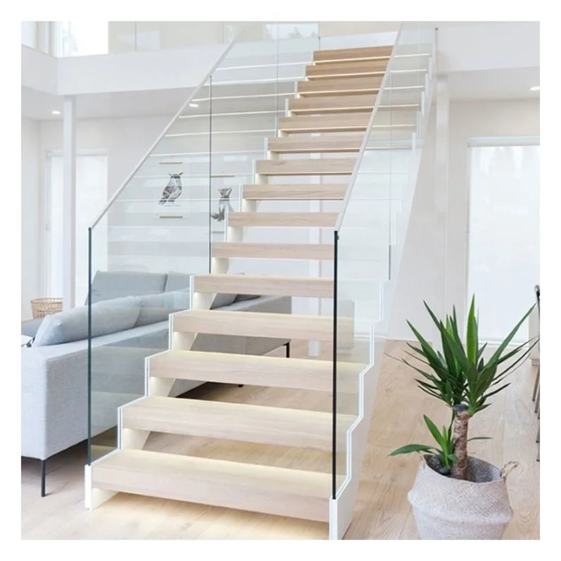 Alucasa Carbon Steel Indoor Glass Railing Wooden Handrail Straight Shape Customized Stairs