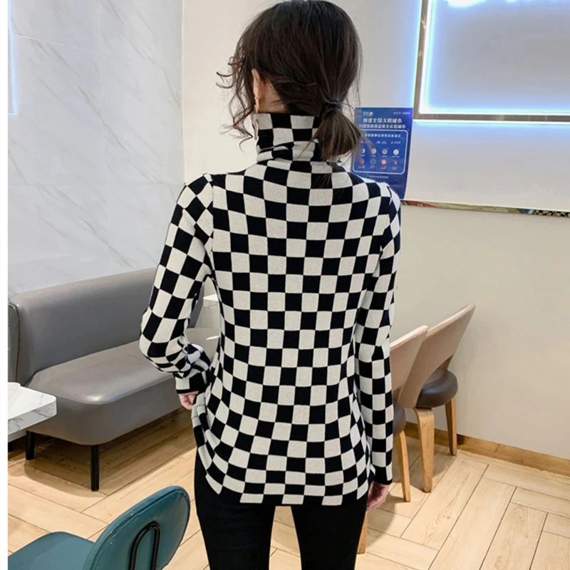 Women zebra print turtleneck sweater full sleeve checkerboard luxury pattern jumper tops wholesale sweaters
