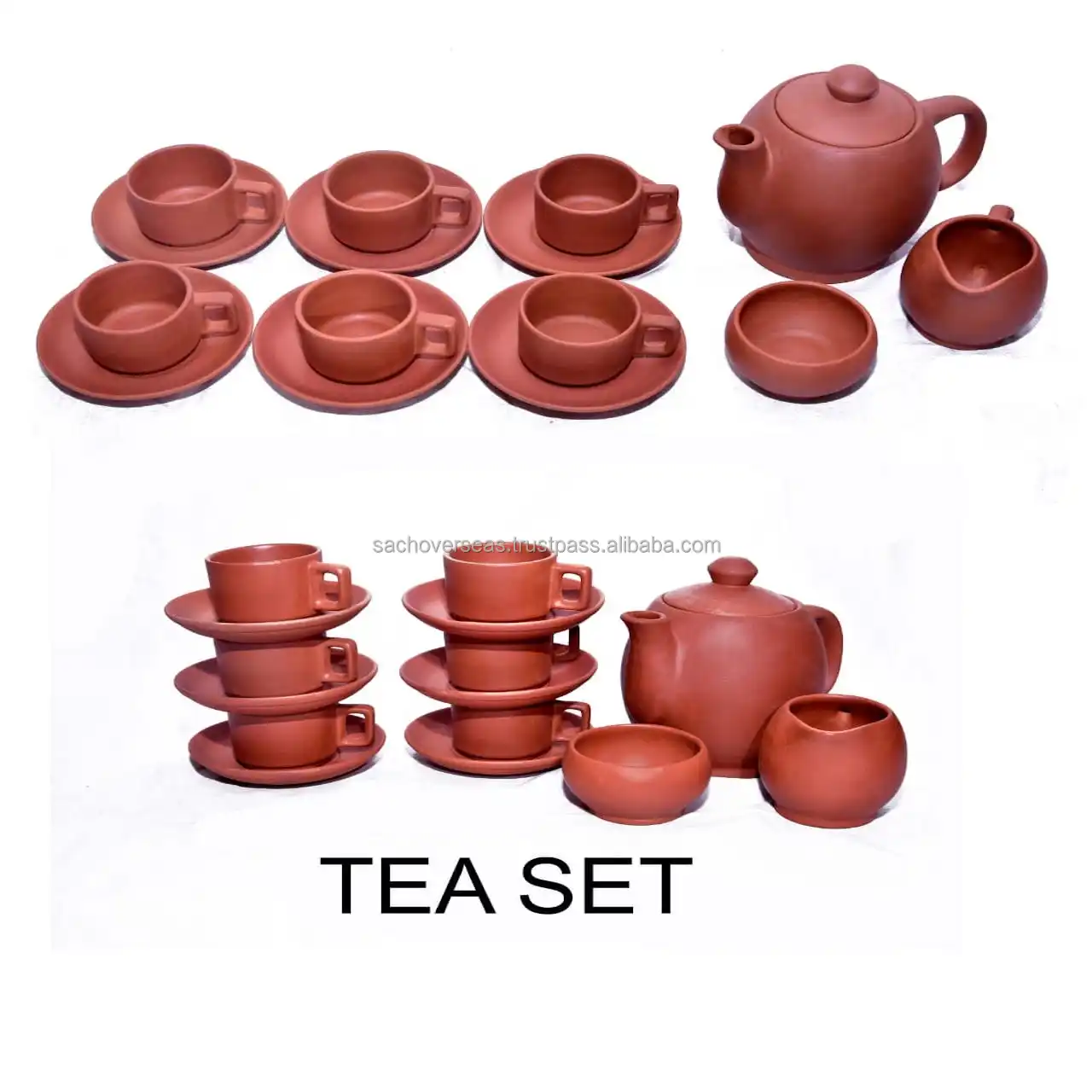 Elegant Handcrafted Earthen Brown Terracotta Tea Kettle Set with Cups, Plates, Milk Pot & Sugar Pot Non-Toxic & Eco-Friendly
