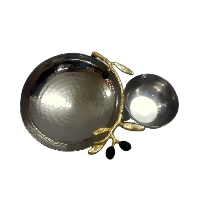 Modern Antique Polished Stainless Steel Two-Bowl Set with Brass Orchid Stem for Kitchenware or Dinnerware Tableware Use