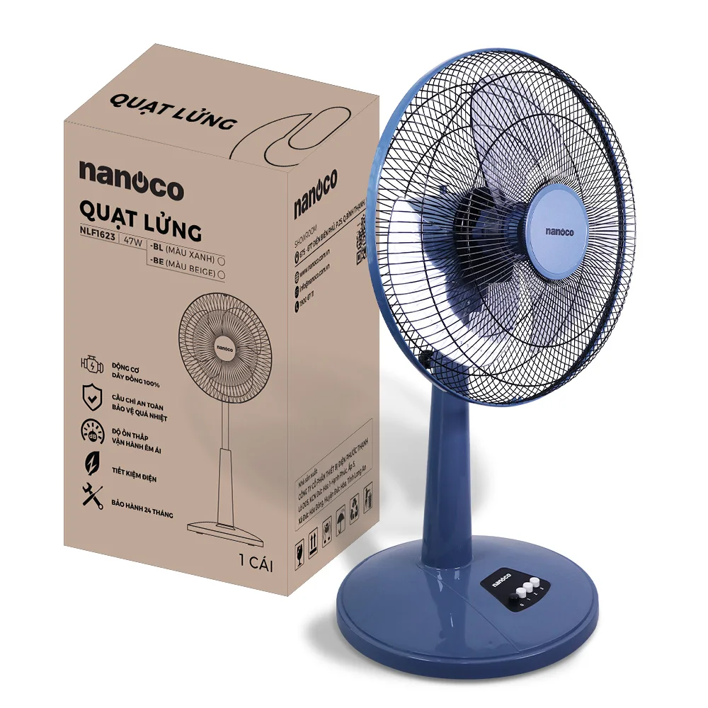 Nanoco NLF1623 Living Fan with Remote Control Top 1 Supplier in Vietnam Copper Wire Motor Sleeve Bearing 3 Blades Household Use