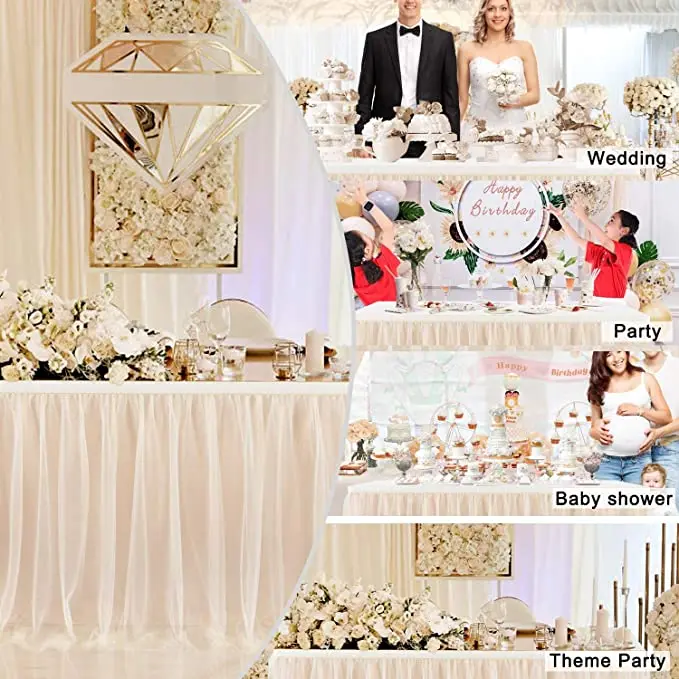 6FT Champagne Beige Tulle Table Skirt Tutu Table Skirts for Wedding Birthday Party Baby Shower Bridal Shower Home Decor