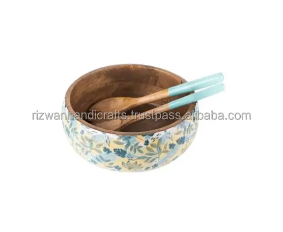 Wooden material Salad Bowl Enamel Coated with Wooden Salad serving Spoon, salad server