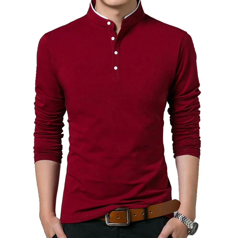 Wholesale Men Cotton T Shirt Full Sleeve T-shirt Men Solid Color T-shirts tops tees Mandarin Collar Long Shirt