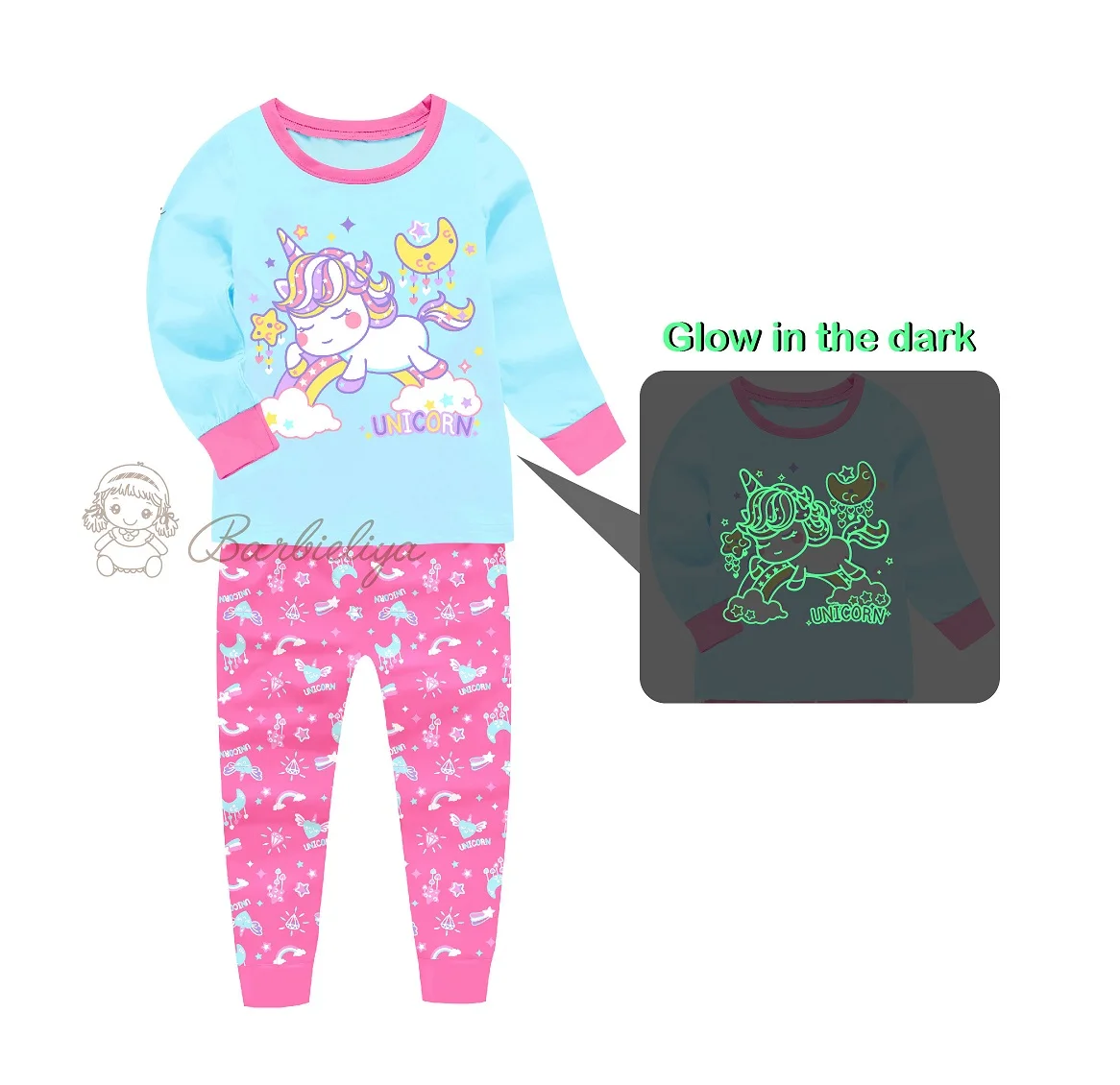 Barbieliya manufacturer design and sell butterfly pajamas girls sleepwear  glow in the dark kid pyjamas