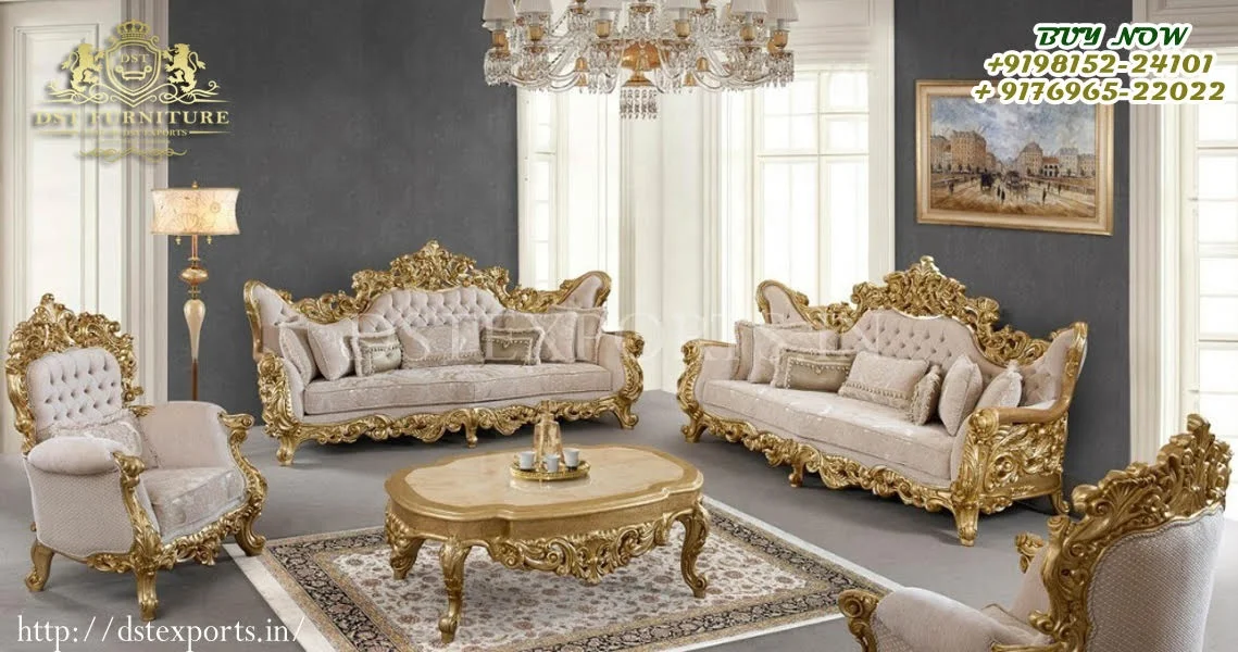 Boat Style Hand Carved Sofa Set For Home Buy Teak Wood 7 Seater Sofa Set Designer Gold Polish Living Room Furniture