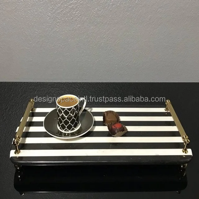 White and Black Strip Marble Serving Tray With Brass Handle at best rate