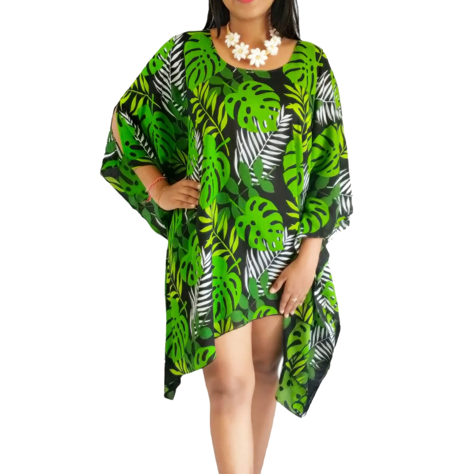 NEW arrival poncho dress 100% rayon leaf printed hole shoulder casual dresses cover up summer beach dress