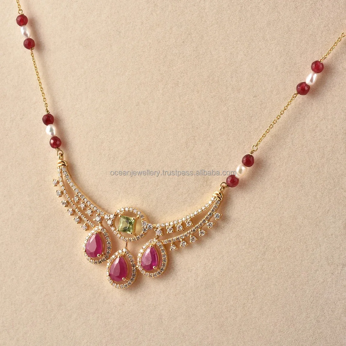 18k Gold Diamond Mangalsutra Pear Shaped Pink Tourmaline Tsavorite, Pearl Beads Multi Gemstone Chain With Pendant For Women