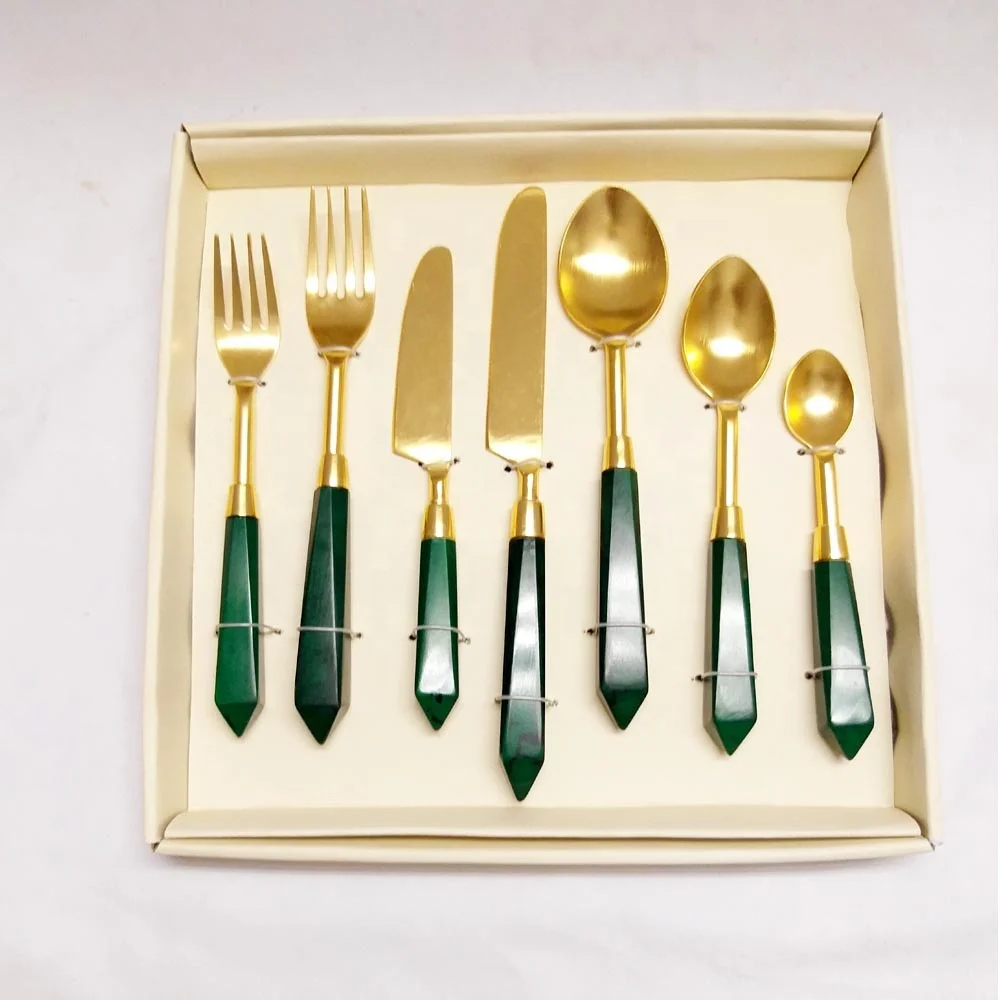 Plain Black Handmade Resin Handle Stainless Steel Gold Plated Designer Seven Piece Flatware Set in a Gift Box