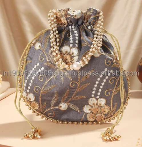 Indian Embroidery Silk Potli Womens Handbag Wedding, Sangeet, Haldi, Mehndi Favor Return Gift Bag Drawstring Potli Purse for her