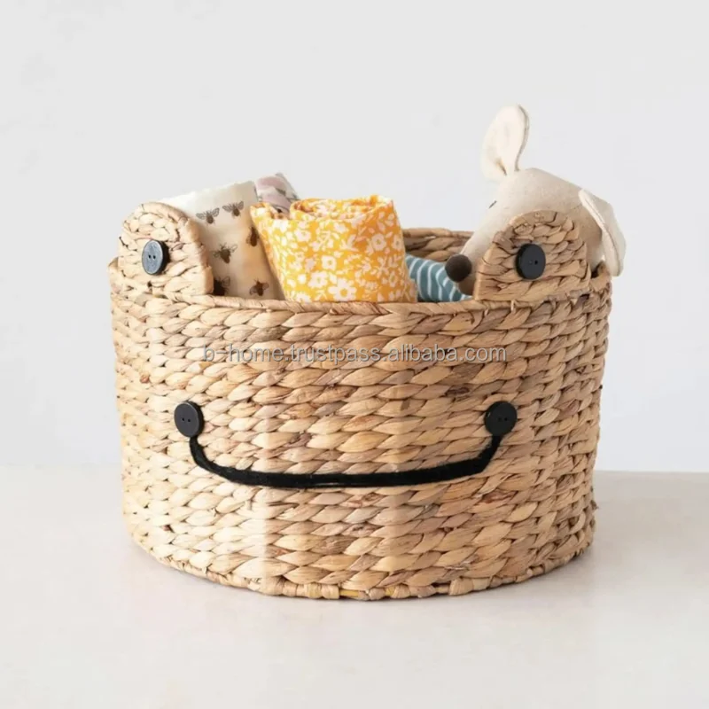 Best Quality Hand Woven Water Hyacinth Smiley Face Woven Grass Grass Chestnut Basket Natural Wicker Storage Basket Laundry
