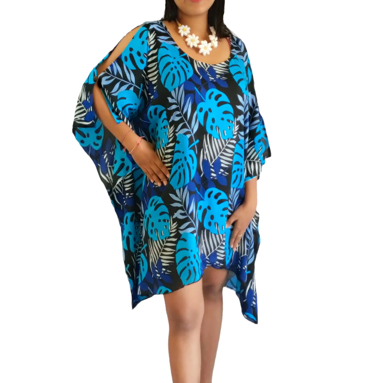 NEW arrival poncho dress 100% rayon leaf printed hole shoulder casual dresses cover up summer beach dress