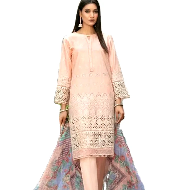 High Quality Indian Designer Premium Cotton Cambric Style Chikan Kari Work Reception Special Three Piece Salwar Kameez