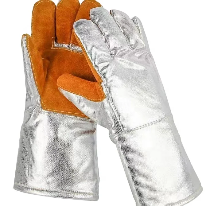 High Temperature Aluminized Cow Split Leather Fire Fighting Gloves Industrial Safety Heat Resistant Work Welders Long Gloves