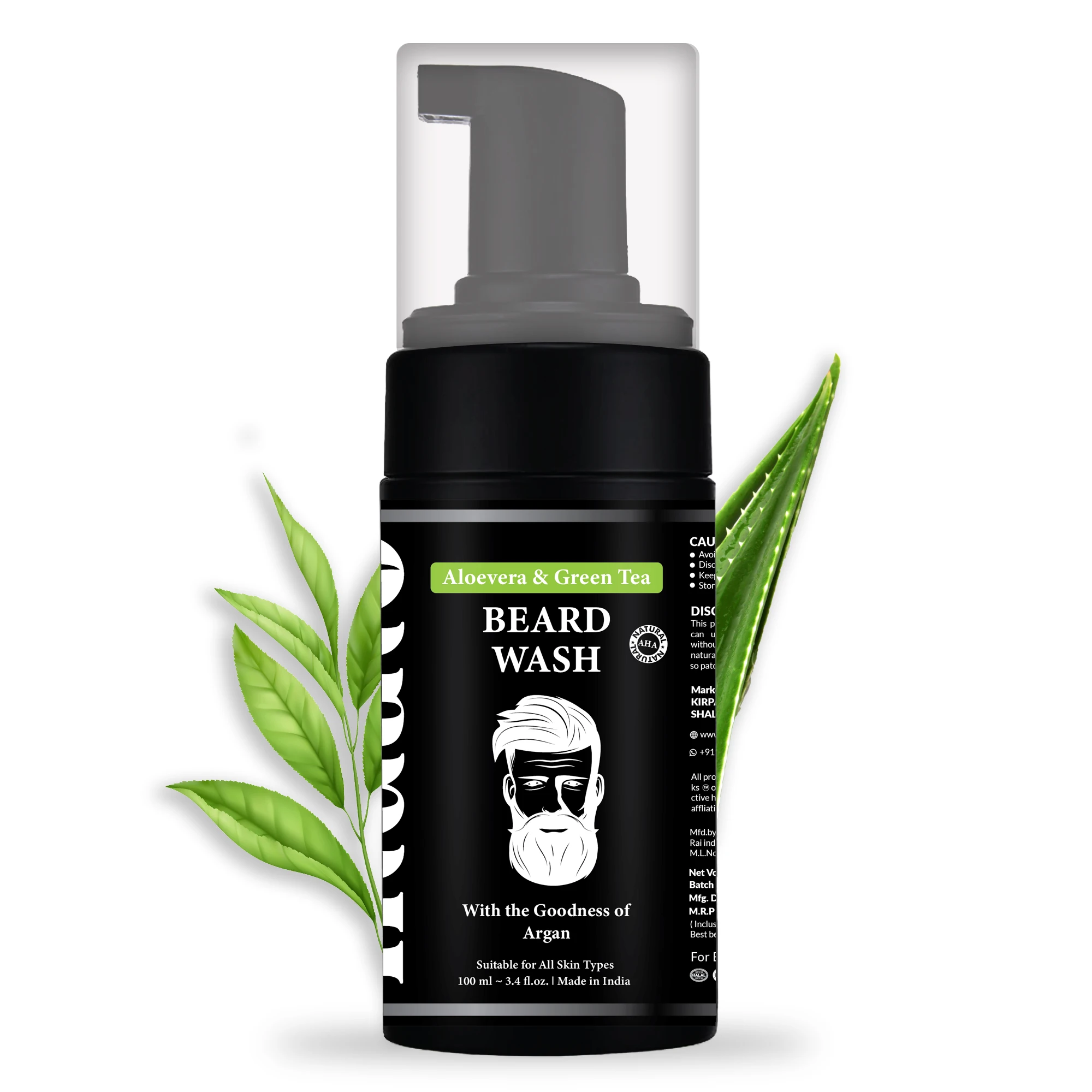 Sulfate, Ammonia & Paraben-Free Vegan Beard Wash with Aloe Vera & Green Tea  for Healthy Beard with Argan Oil
