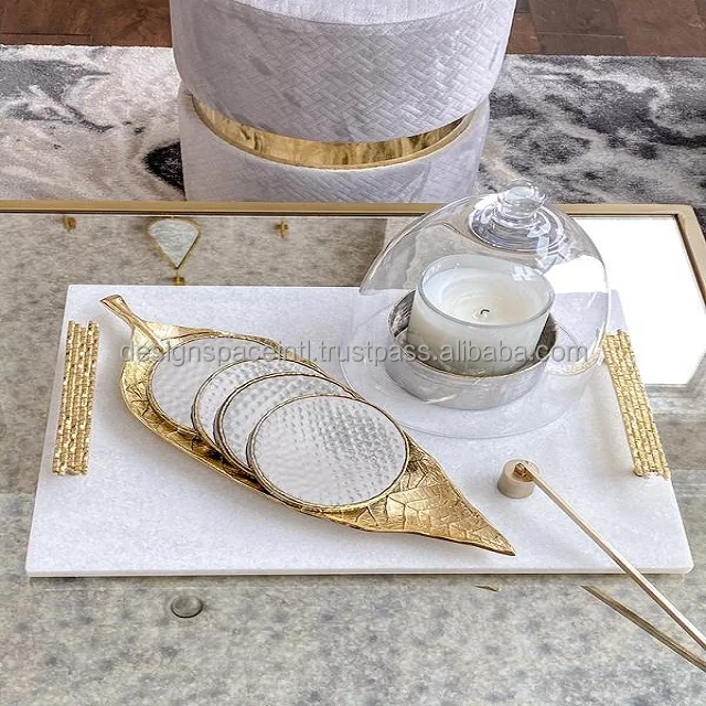 White Marble Serving Tray with Gold Mosaic Handles at best rate