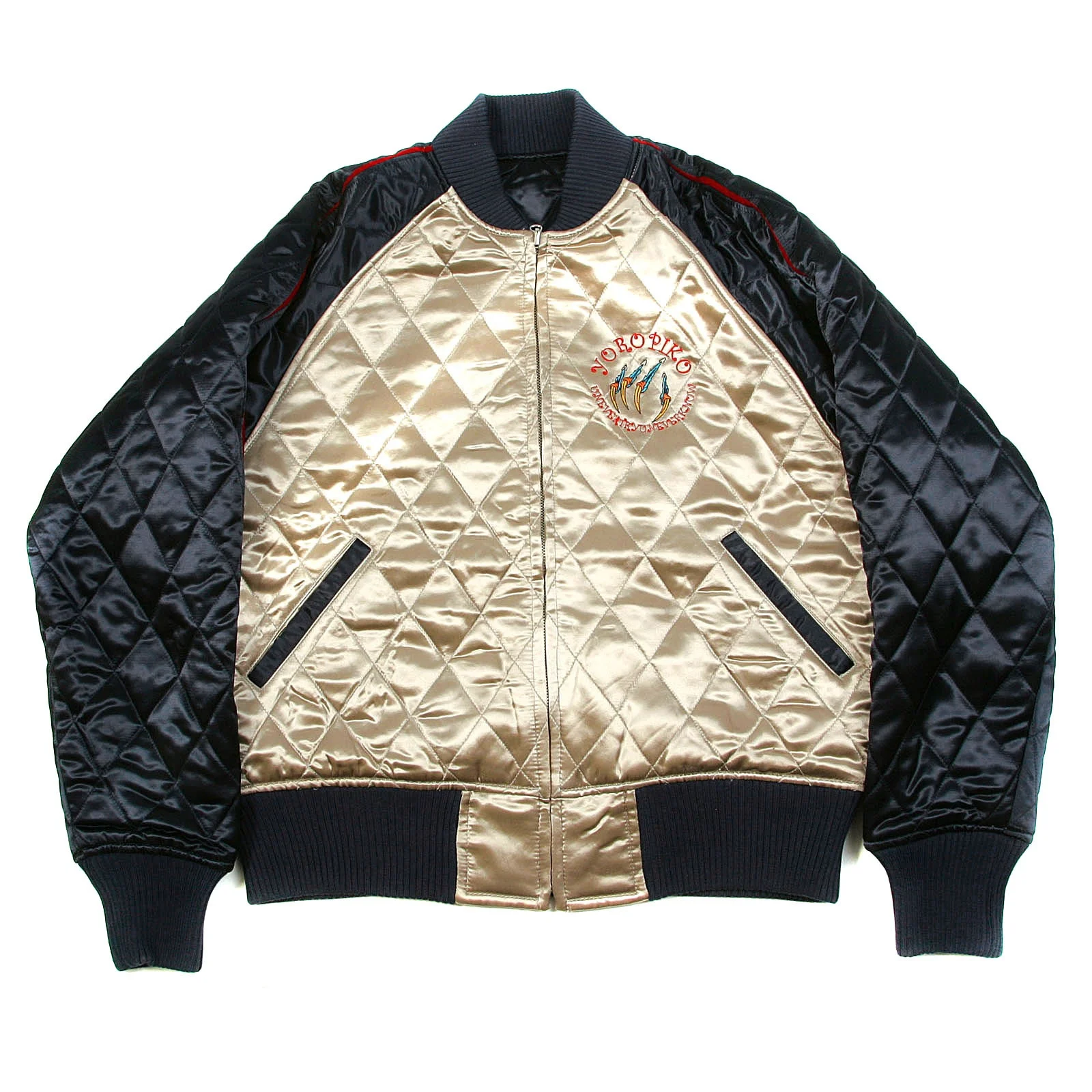 
OEM Custom Varsity Silk Reversible Quilted Jacket with Embroidered Claw Hungry Dragon Japan Bomber Jackets black body Plus Size 