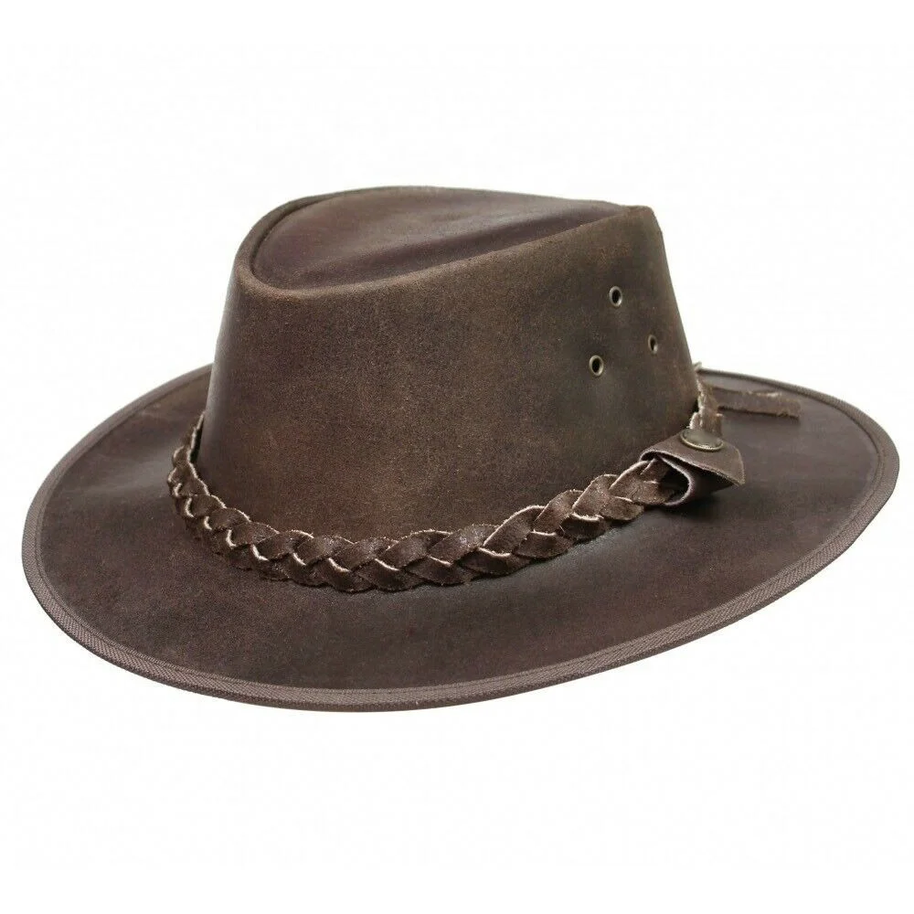 Hot Selling Western Style Genuine Leather Brown Cowboy Bush Hat Hats With Free Chin Strap Australian