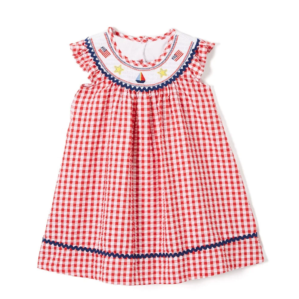 4th July Patriotic Baby Girl Dress American Flags Print Red Gingham Seersucker Cotton Smocked Set 7-9 Years Old Summer Season