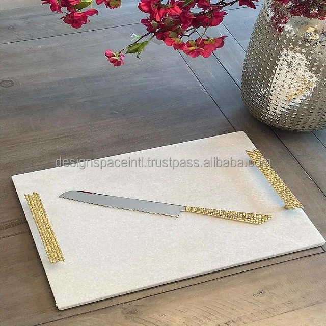 White Marble Serving Tray with Gold Mosaic Handles at best rate
