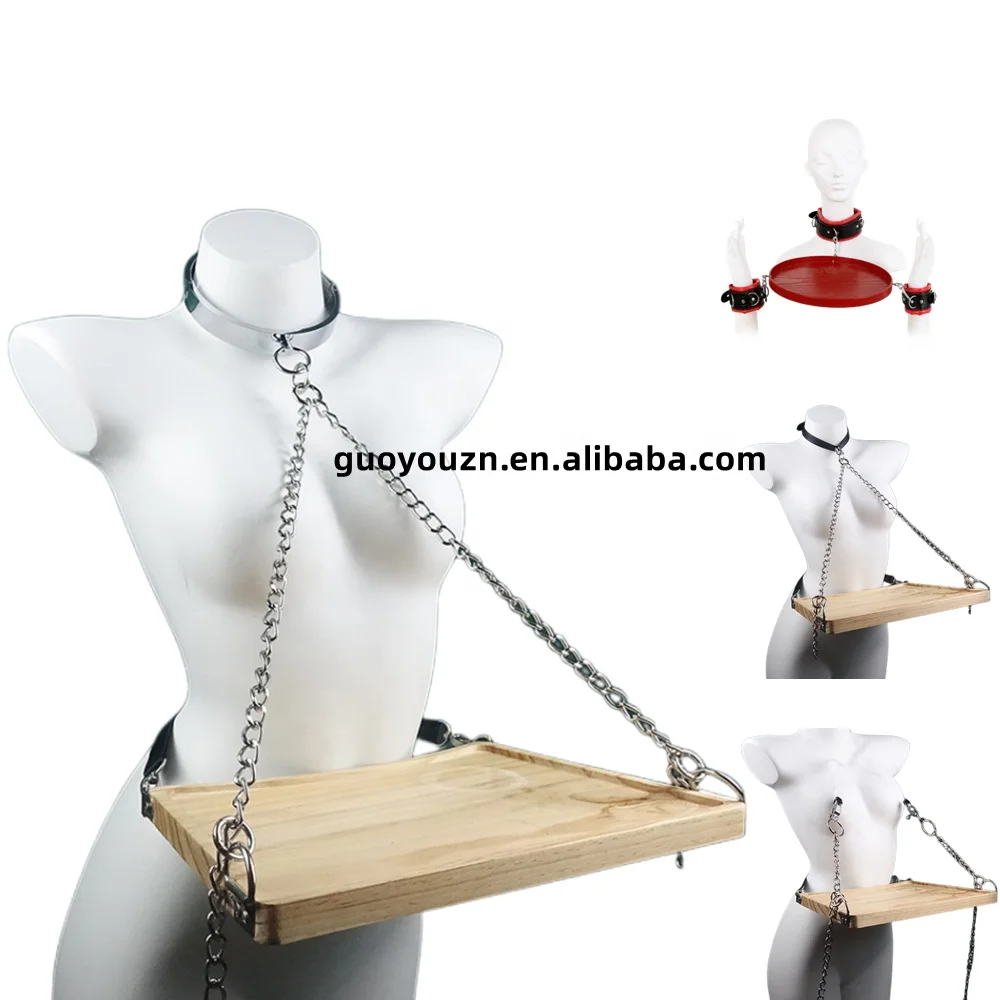 BDSM objectification tray handcuffs neck cuffs training human slave tea fruit tray weight-bearing nipple clamp stimulation