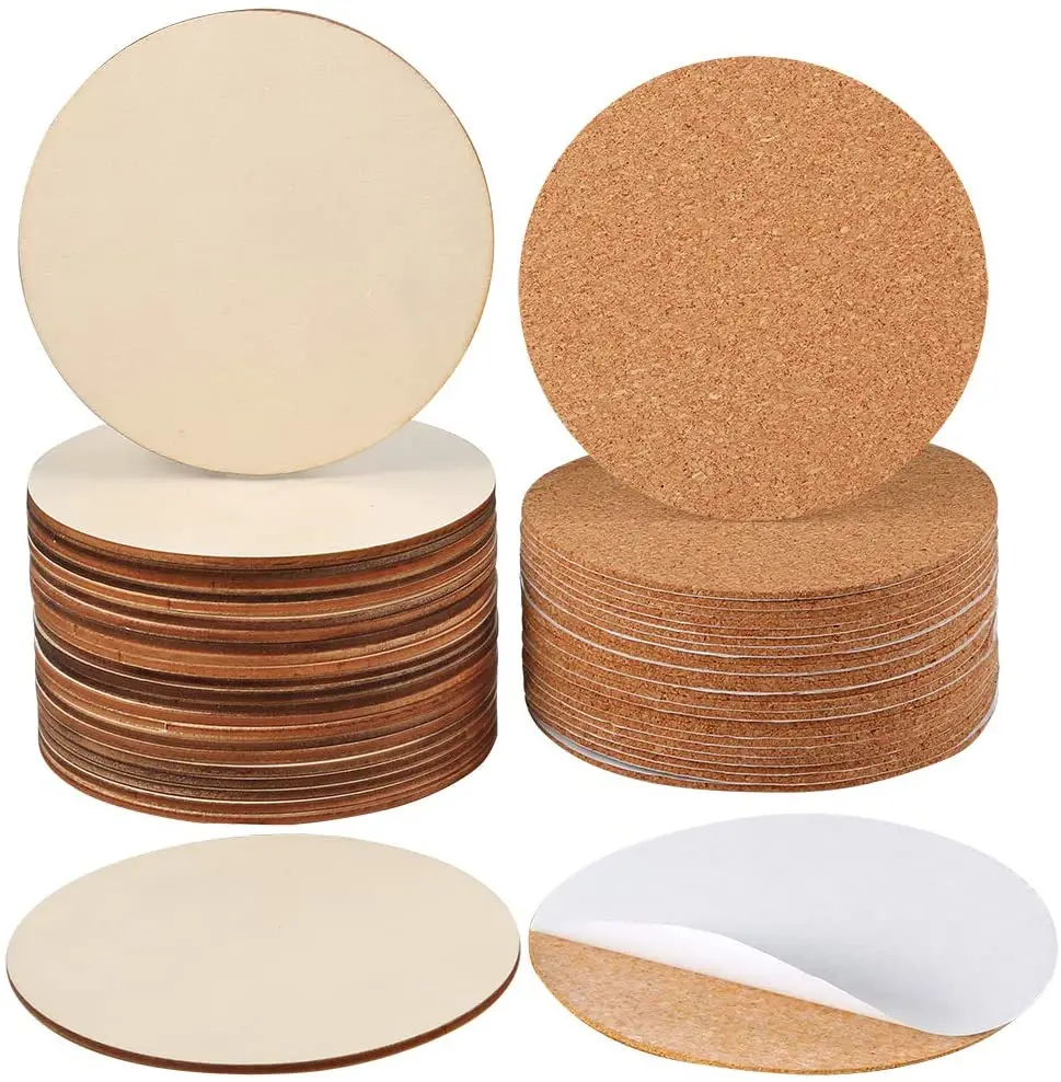 Custom Unfinished Wood Circle Pieces Cutout and Round Self-Adhesive Corks for Wooden Coasters DIY Crafts and Home Decoration