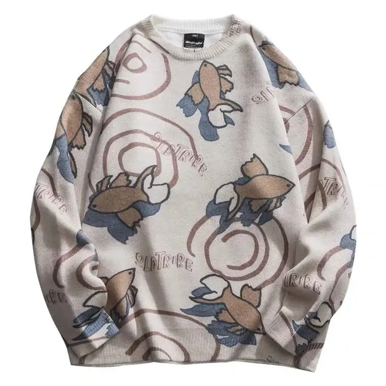 OEM custom men cotton crew neck knitted sweater long sleeve letter pattern vintage stripes pullover letterman sweater