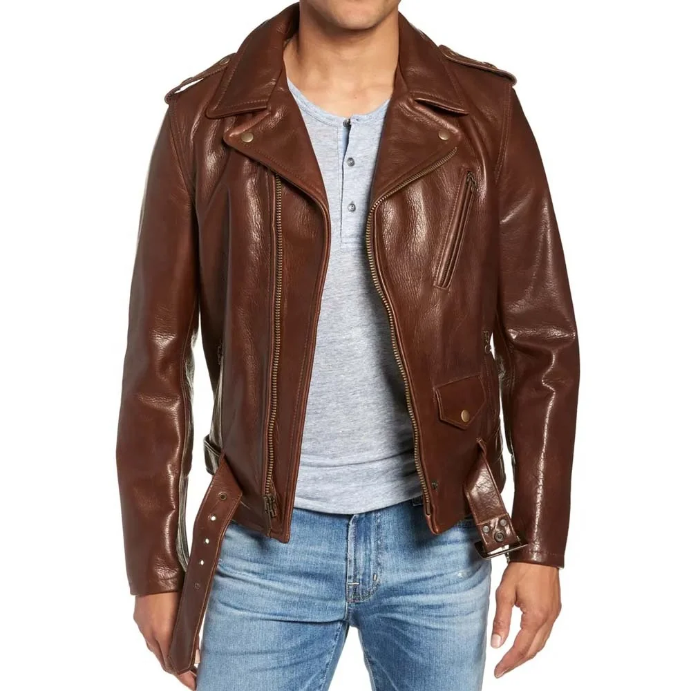 Мужская модная Коричневая байкерская кожаная куртка из коровьей шкуры, оригинальная Байкерская байкерская куртка бренди на молнии с перекрестной застежкой, из натуральной кожи, индивидуальный дизайн