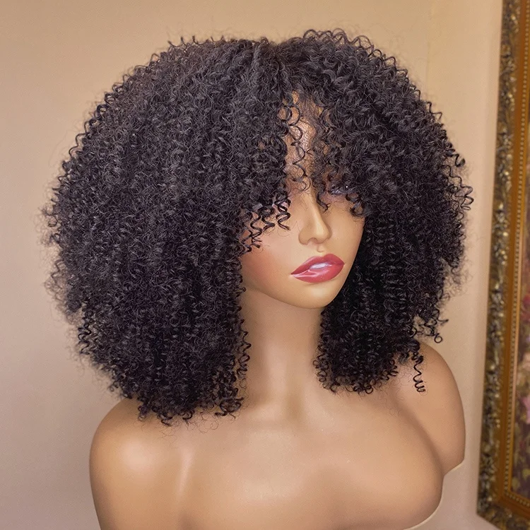 Kinky Curly Bob Wigs with Bangs for Black Women Virgin Human Hair Short Wigs High Density Machine Made Peruvian Hair Wig