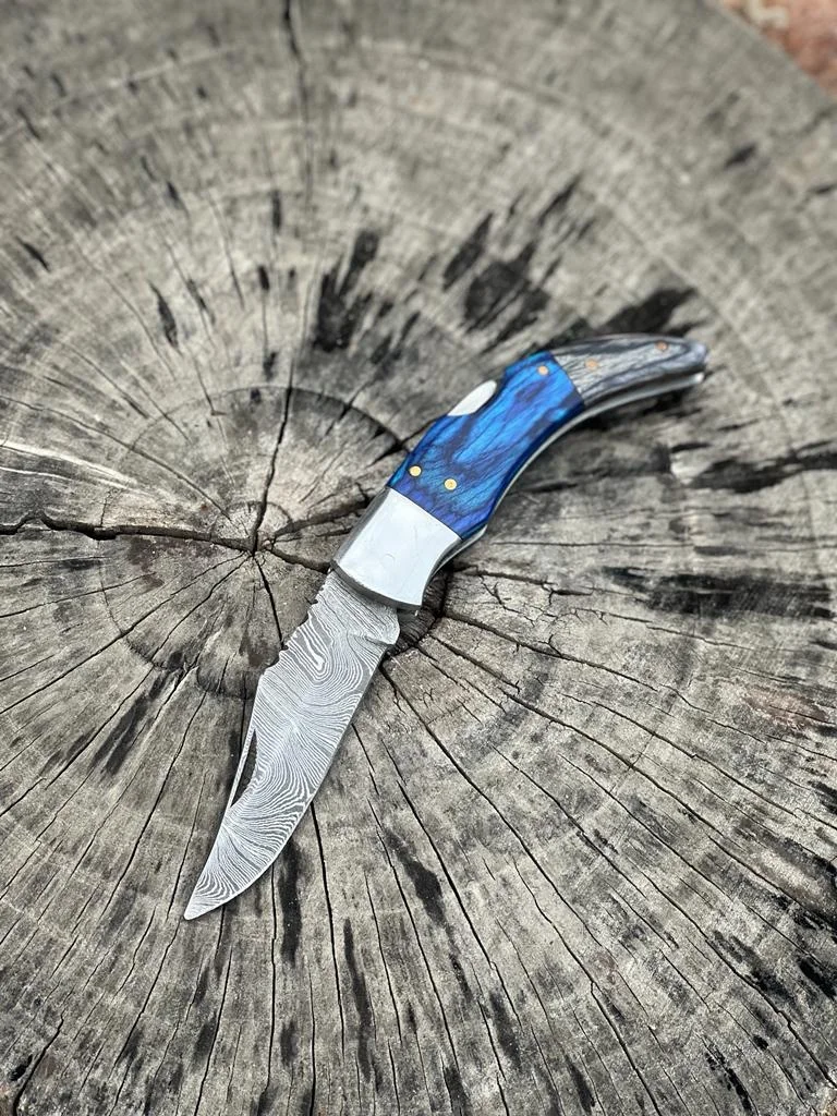 New Custom Handmade Damascus Steel Blade Back Lock Mechanism Folding Pocket Knife With Leather Case