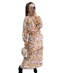 Women autumn and winter ruffle collar  long sleeve dress chiffon flower print woven waistseam slim fit casual long dress lady