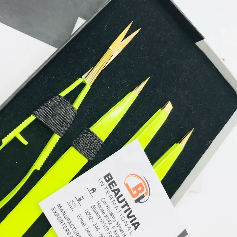 Lime Green With Gold Stainless Steel Eyebrow Tweezers Scissor Set Brow Shaping Tweezer Beauty Cosmetic Tools
