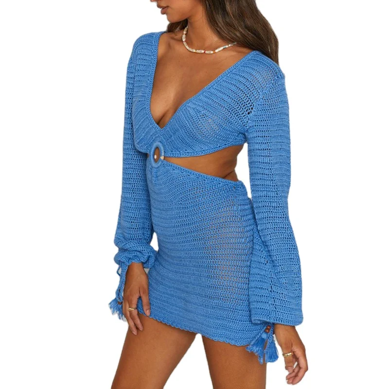 custom oem odm summer beach long sleeve women crochet  sweater dress woman knit sexy crochet dress cover up