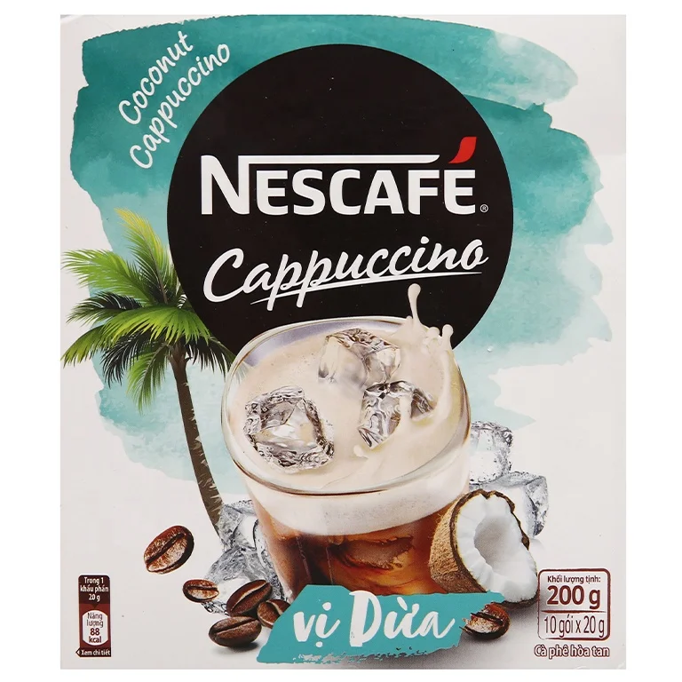 CAPPUCCINO INSTANT COFFEE AND CREAMER DRINK MIX COCONUT FLAVOR BOX 200G
