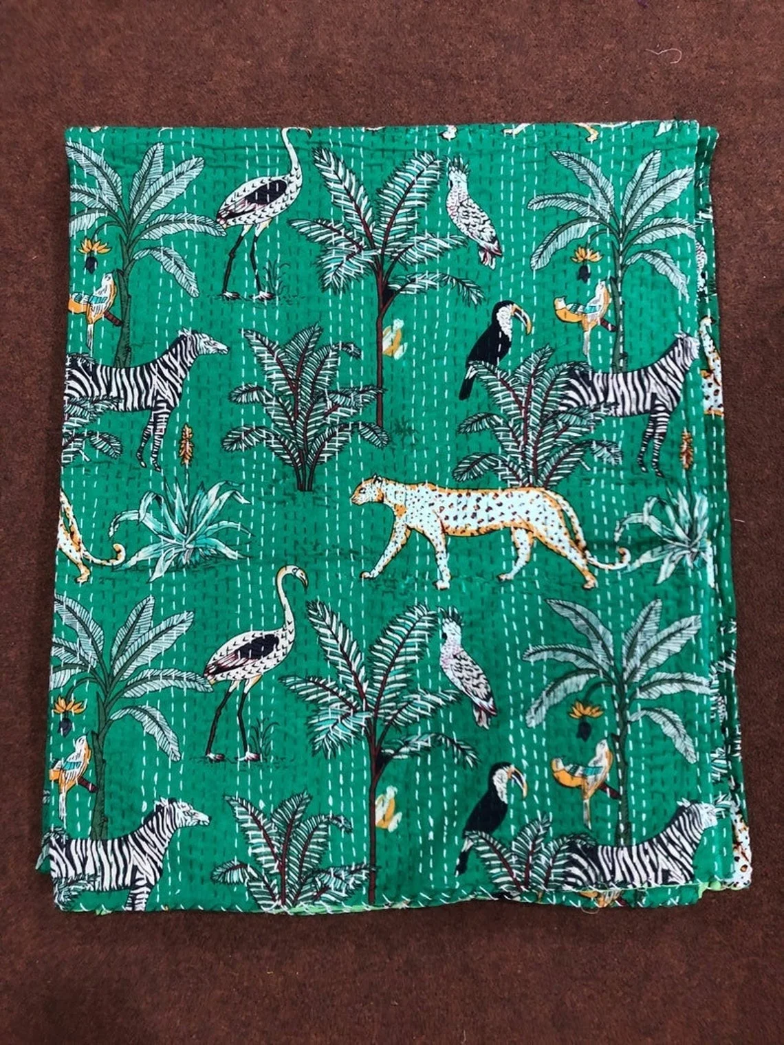 Kantha Quilt Indian Handmade Cotton Kantha Quilt Throw Living Reversible Kantha Bedspread Hand Block Tiger Print Throw Blankets