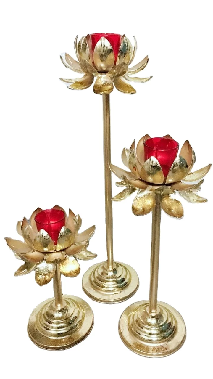 Iron Metal lamp  with red glass t light an gold platting lotus design  decorative piece giftable item also for Diwali decoration