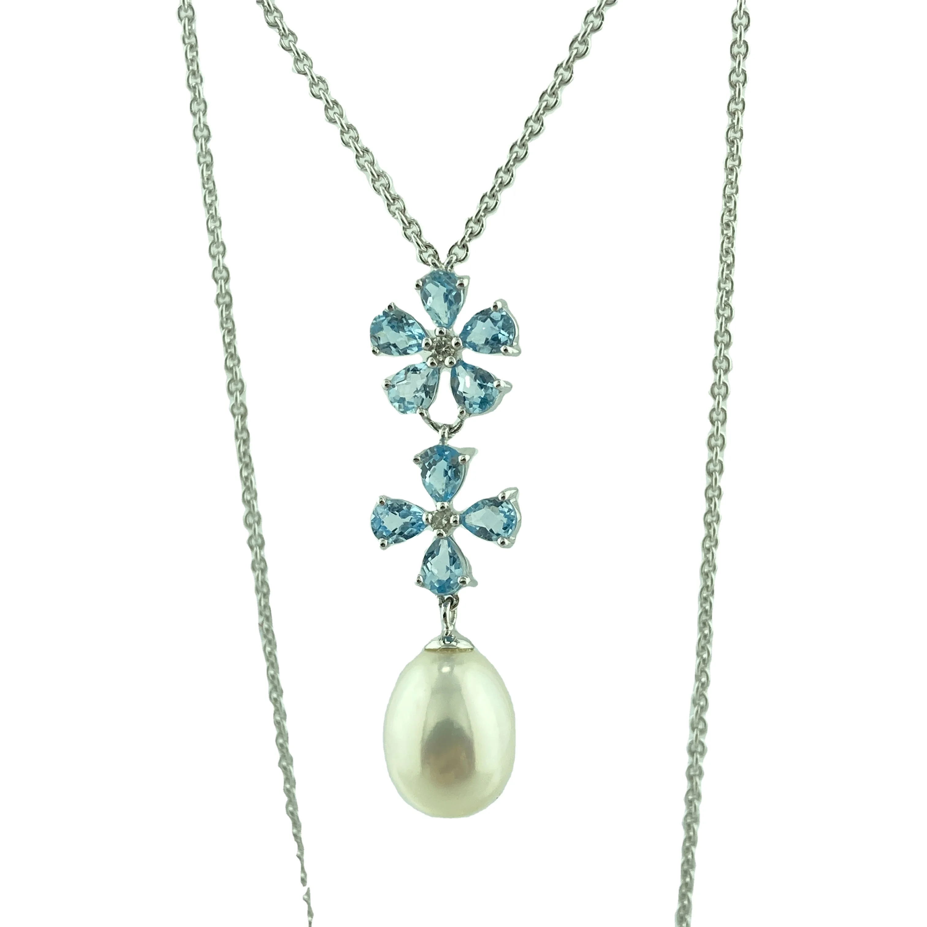 High Quality Gift 925 Sterling Silver Freshwater Drop Shape Pearl Blue Topaz CZ Chain Necklace for Women & Girls
