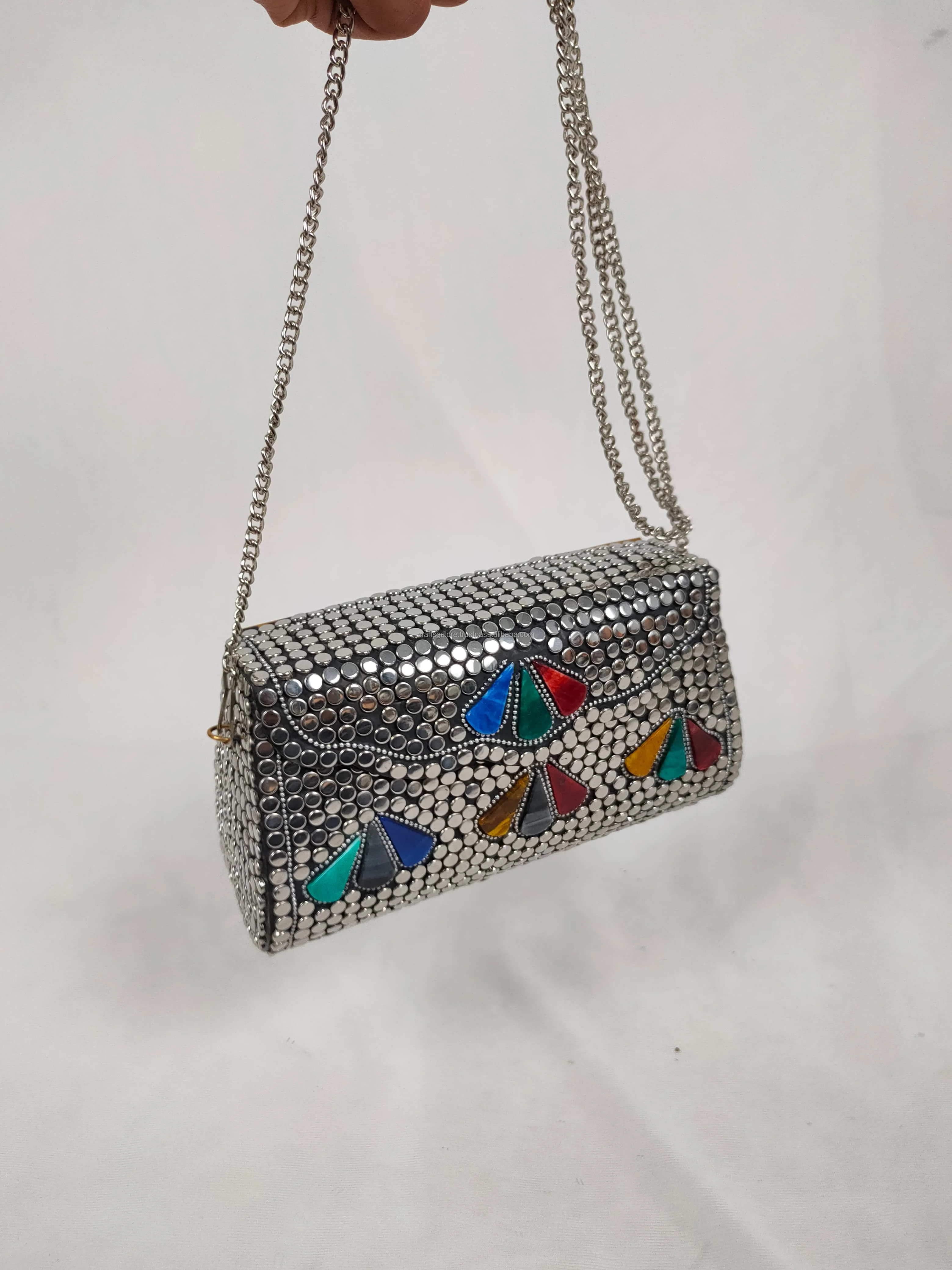 Handmade Metallic Clutch With Gemstone Accents Vintage-Inspired Clutch With Colorful Stones Women Clutch for Sale