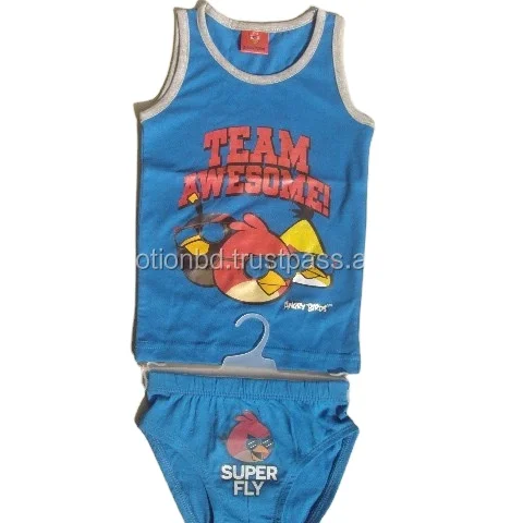 Hindered percent cotton boys singlets set with characters print, combed cotton children set