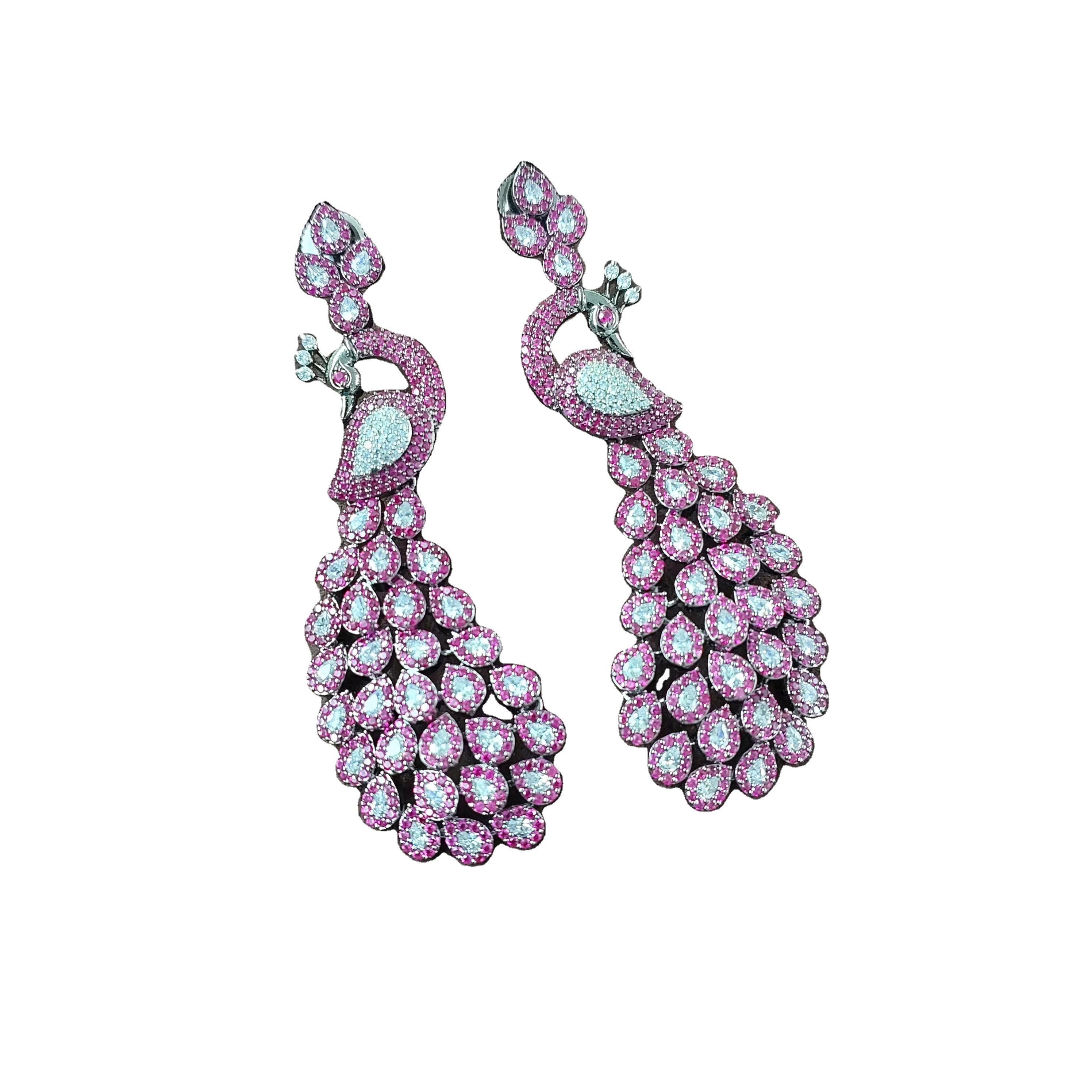PEACOCK SHAPED WITH PINK NANO STONE LONG EARRINGS for EVENING LOOK GIRLS