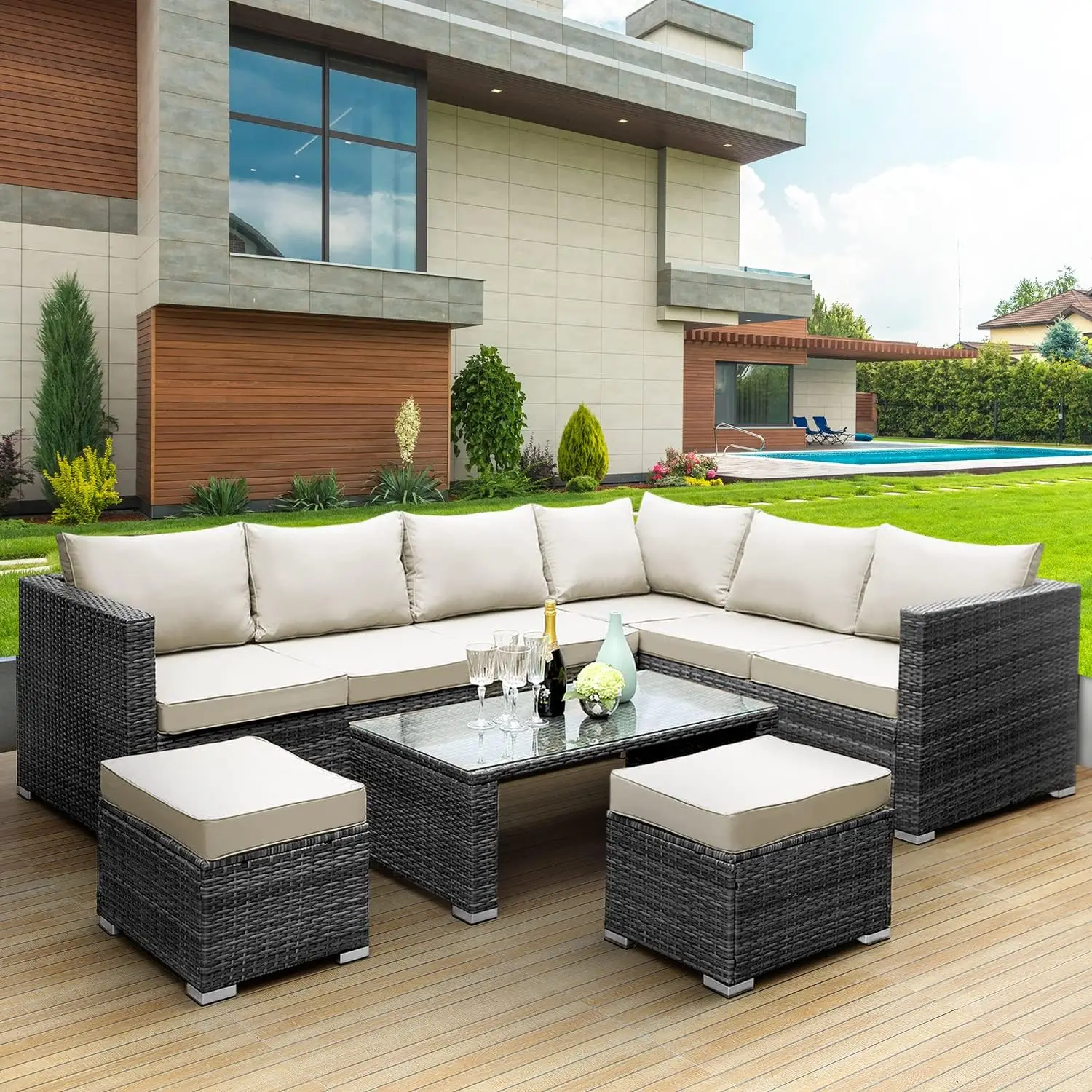 9 Piece Corner L Shape Rattan Garden Furniture Set with Glass Coffee Table, Stools & Water Resistant Cushions