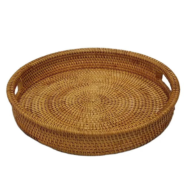 wholesale eco friendly natural serving rattan tray with handle supplier from Vietnam wicker storage tray for dinner tablewares